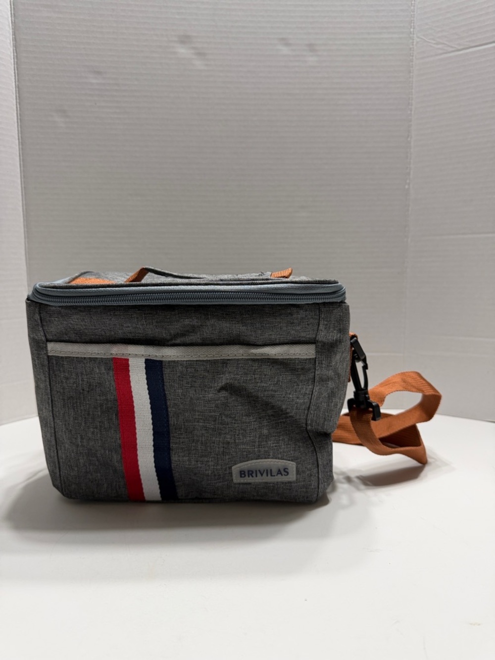 Gray Insulated Lunch Bag with Orange Strap and Tricolor Accent